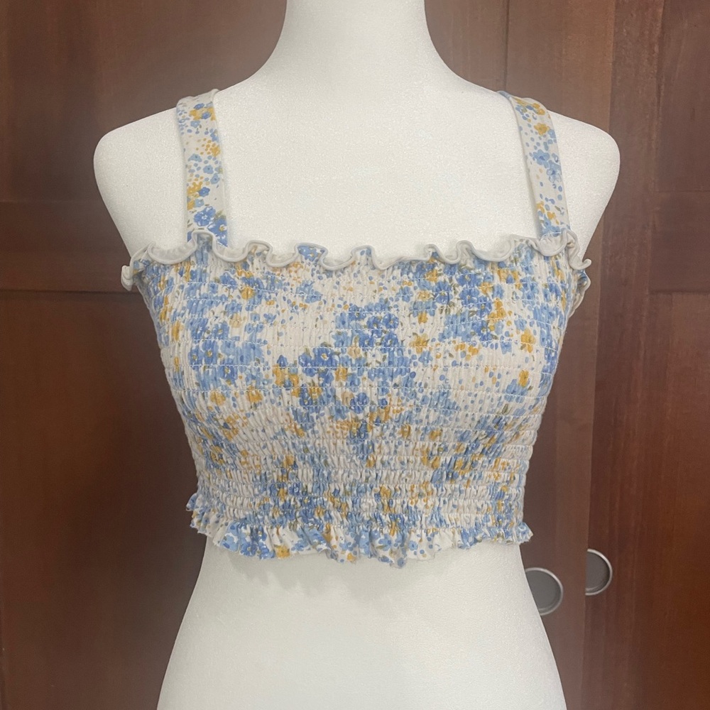 Forever 21 Floral Ruffle Tank Top - Blue and Yellow